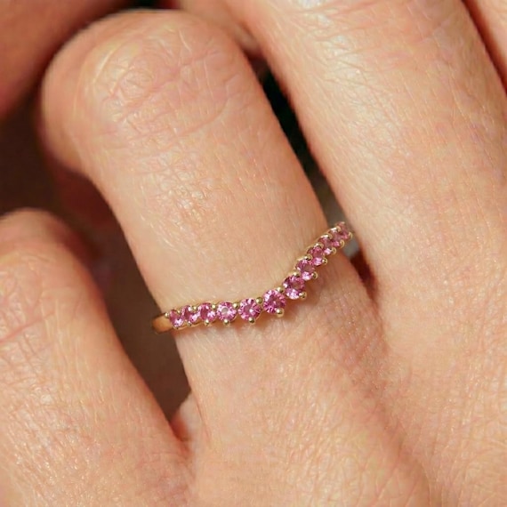 Dainty Curved Pink Tourmaline Ring, 14K Gold Stacking Band, Half Eternity Wedding Ring, Anniversary Gift for Her, Minimalist Gemstone Band