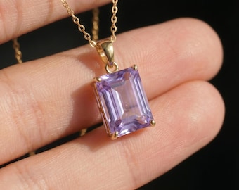 Elegant Amethyst Rectangle Pendant Necklace | Gold Plated Delicate Chain | February Birthstone Gift for Her | Minimalist Gemstone Jewelry