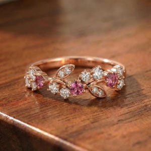 Round Pink Tourmaline Leaf Wedding Band, Nature Inspired Floral Cluster Ring for Her – October Birthstone Gift – 14K Gold Moissanite Jewelry image 7