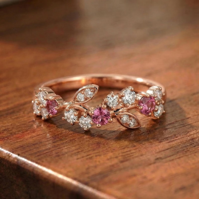 Round Pink Tourmaline Leaf Wedding Band, Nature Inspired Floral Cluster Ring for Her – October Birthstone Gift – 14K Gold Moissanite Jewelry image 7