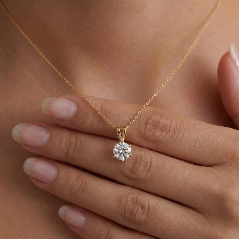 Dainty Gold Moissanite Solitaire Necklace | Brilliant Round Moissanite Pendant | Elegant Everyday Jewelry | Anniversary Gift for Her image 8