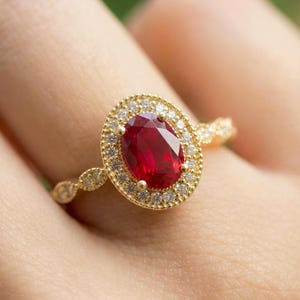 Diamond Halo Ruby Engagement Ring, July Birthstone Ring, Oval Shape Ruby Wedding Ring, Anniversary Ring Gift for Her