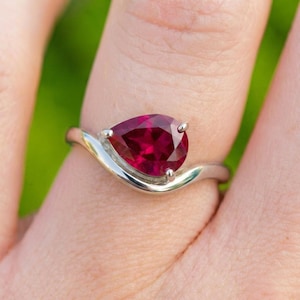 Elegant Pear Cut Ruby Solitaire Ring, Sterling Silver Bypass Ring, Dainty July Birthstone Gemstone Jewelry, Anniversary Gift for Her