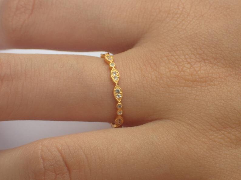 Aquamarine Wedding Band/ Full Eternity Vintage Inspired/ Art Deco Aquamarine Gemstone Ring / Marquise Double Dot Ring/ March Birthstone Ring image 3