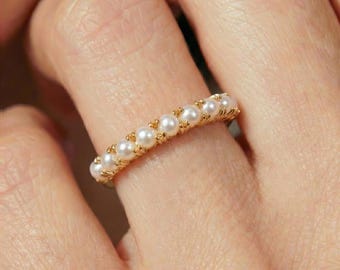 Delicate Pearl Gold Ring, Dainty Stackable Wedding Band, Minimalist Gold Filled Half Eternity Ring, Freshwater Pearl Anniversary Gift for He