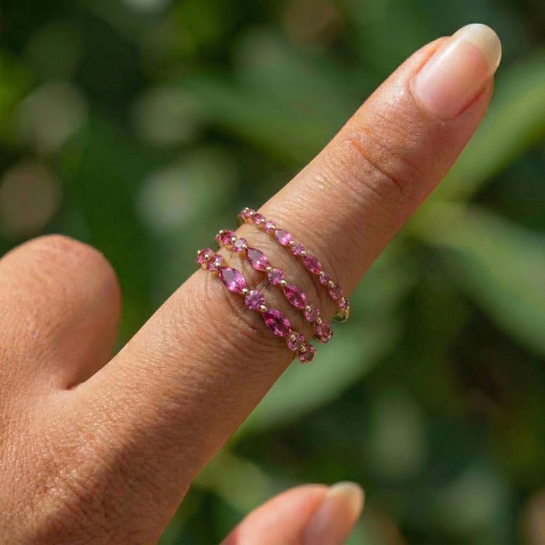 Delicate Pink Tourmaline Eternity Band Ring | 14K Gold Marquise & Round Gemstone Stacking Ring | October Birthstone Gift for Her image 17
