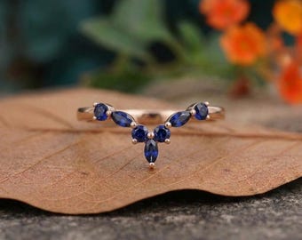 Delicate Blue Sapphire Curved Wedding Band, V Shape Stacking Ring, Marquise Round Sapphire Anniversary Gift for Her