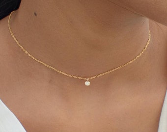 Diamond Choker Necklace, Solitaire Necklace, 18k Solid Gold Diamond Necklace, Bezel Set Diamond Necklace