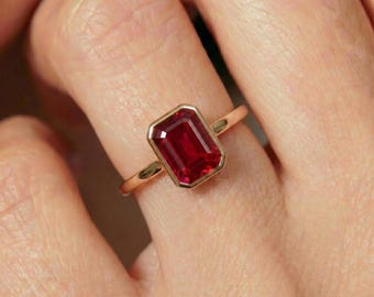 Emerald Cut Ruby Bezel Ring | 14K Gold Minimalist Statement Ring | July Birthstone Engagement Anniversary Gift for Her | Dainty Red Gemstone