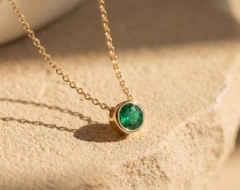 Dainty Gold Emerald Necklace | Minimalist Bezel Set Green Gemstone Pendant | May Birthstone Jewelry Gift for Her