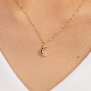 Crescent Moon Blue Sapphire Necklace, September Birthstone Necklace, Unique Necklace Gift for Women, Crescent Charm