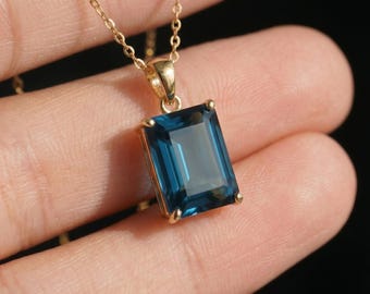 Dainty London Blue Topaz Necklace, Emerald Cut Gold Pendant, December Birthstone Jewelry, Minimalist Gemstone Gift for Her
