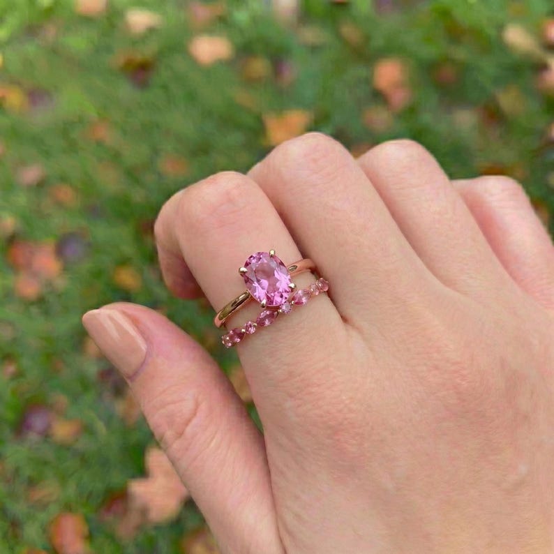 Delicate Pink Tourmaline Eternity Band Ring | 14K Gold Marquise & Round Gemstone Stacking Ring | October Birthstone Gift for Her image 7