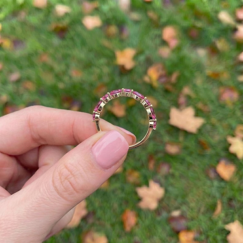 Delicate Pink Tourmaline Eternity Band Ring | 14K Gold Marquise & Round Gemstone Stacking Ring | October Birthstone Gift for Her image 16