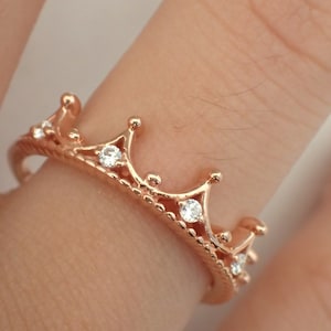 Princess Crown Ring, 14K Solid Gold Tiara Ring, Diamond Tiara Queen Ring Gift for Her, Anniversary Ring