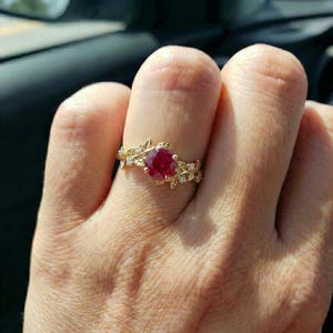 Round Ruby Nature Inspired Engagement Ring, 18K Gold Leaf Branch Ring, July Birthstone Ring, Romantic Bridal Promise Ring image 9