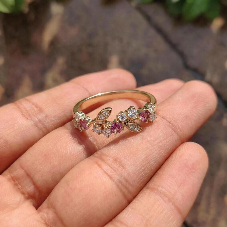 Round Pink Tourmaline Leaf Wedding Band, Nature Inspired Floral Cluster Ring for Her – October Birthstone Gift – 14K Gold Moissanite Jewelry image 11