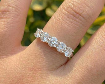 5 Stone Diamond Anniversary Ring, Two Tone Yellow Gold & White Gold Wedding Band, Round Cut Stacking Ring, Brilliant Half Eternity Band