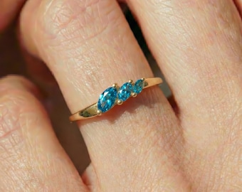 Blue Zircon Curved Wedding Band, Marquise December Birthstone Ring, 18K Gold Plated Stackable Bridal Ring, Gift for Her
