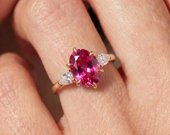 Vivid Oval Pink Tourmaline Ring with Pear Side Stones in 14K Gold - Unique Engagement, Anniversary, or Promise Ring