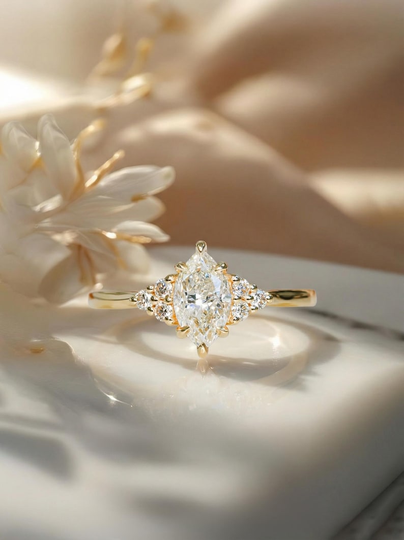 1ct Marquise Moissanite Engagement Ring Set, Marquise Diamond Wedding Ring Set, Promise Ring for Woman, 14K Solid Gold Anniversary Ring Set image 7
