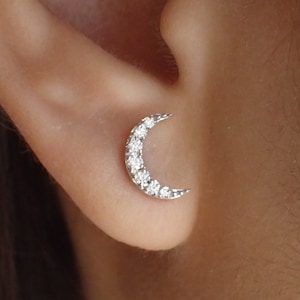 Minimalist Moon Earrings / Moon Stud Earrings / Diamonds Moon Earrings Gift for Her / Diamond Earrings / In Stock