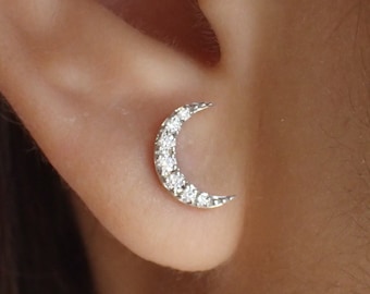 Minimalist Moon Earrings / Moon Stud Earrings / Diamonds Moon Earrings Gift for Her / Diamond Earrings / In Stock
