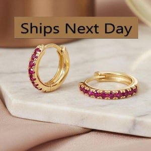 Ruby Hoop Earrings, July Birthstone Gifts, Huggies Hoop Earrings, Minimal Hoop Earrings, In Stock