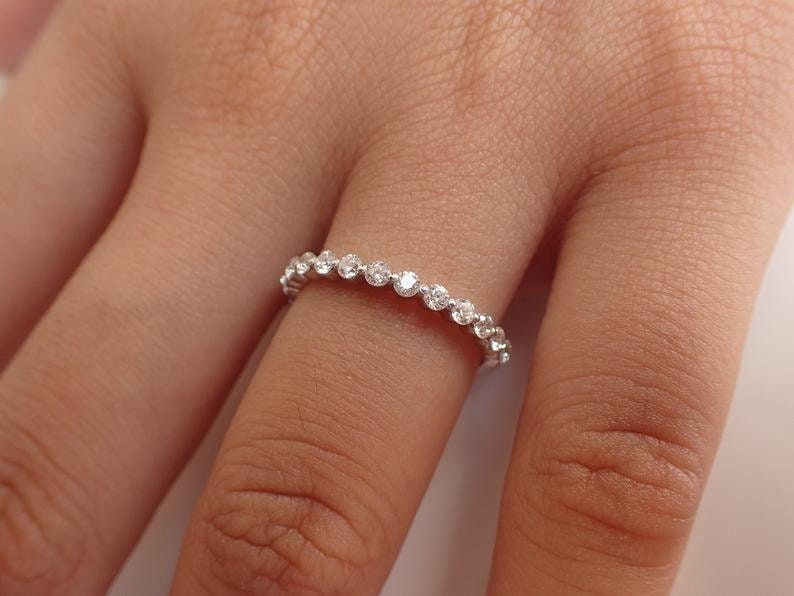 ON SALE Single Prong Ring, 2.0mm Half Eternity Diamond Wedding Band, Diamond Stackable Band, Floating Bubble Prong Diamond Ring image 5