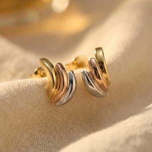 Three Color Earrings in 14K Solid Gold, Stud Post Earrings, Tri Color Earrings, Delicate Tiny Stud Earrings image 4