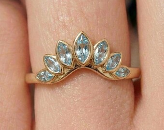 Delicate Marquise Aquamarine Stacking Ring | 14K Gold Curved Wedding Band | Unique Crown Tiara Nesting Ring | Anniversary Promise Gift