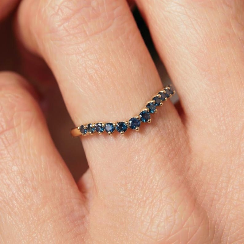 London Blue Topaz Curved Wedding Band | 14K Gold Stacking Ring | Dainty Gemstone Enhancer Anniversary Ring | Unique Wishbone Band image 1