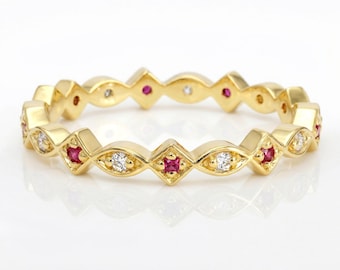 Rubin und Diamant Ehering antik inspiriert Rubin Ring Geschenk für Frau Juli Birthstone Geschenk 14K Massivgold Stapelring