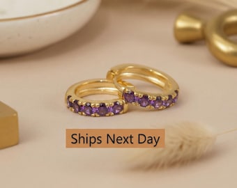 Amethyst Huggie Hoop Earrings, Five Stone February Birthstone Earrings, Dainty Bridesmaid Jewelry Gift for Her