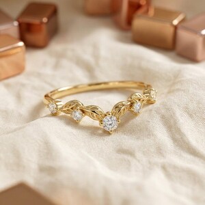 Vintage Moissanite Wedding Ring, Unique Curved Band, Vintage Anniversary Ring Gift for Women image 9