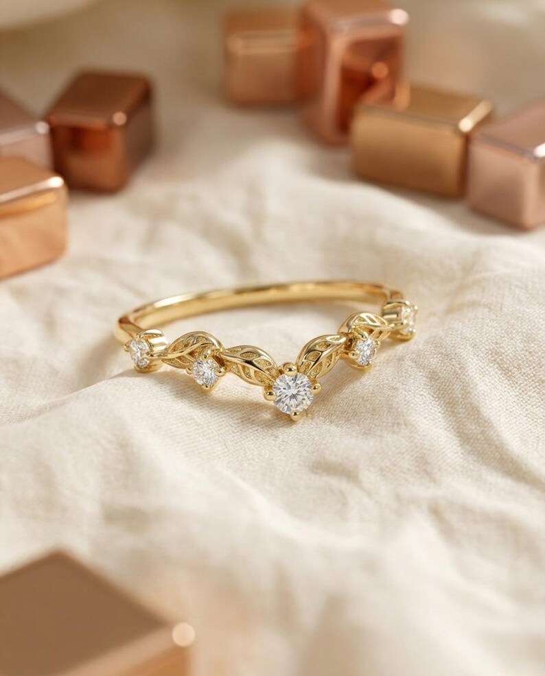Vintage Moissanite Wedding Ring, Unique Curved Band, Vintage Anniversary Ring Gift for Women image 9