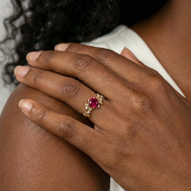 Round Ruby Nature Inspired Engagement Ring, 18K Gold Leaf Branch Ring, July Birthstone Ring, Romantic Bridal Promise Ring image 5