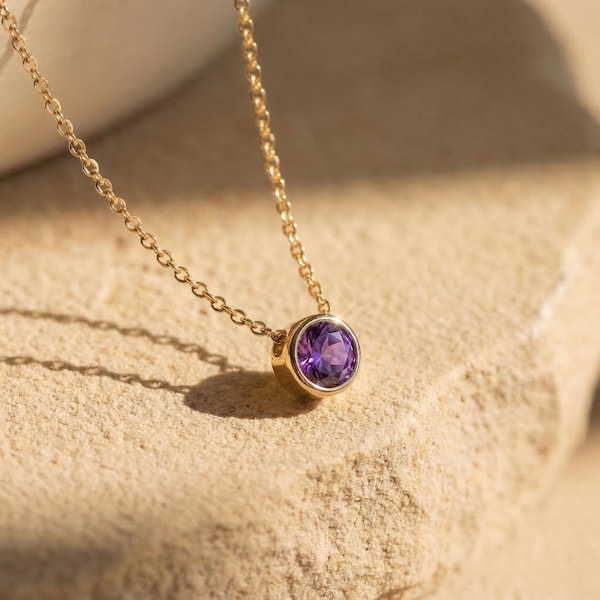 Minimalist Amethyst Solitaire Necklace | 14K Gold Bezel Set February Birthstone Pendant | Dainty Gemstone Jewelry Gift for Her