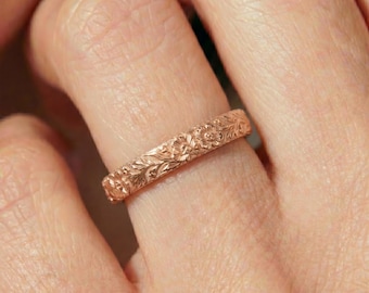 Gladiolus & Poppy Floral Ring, August Birth Flower Wedding Band, Unique Antique Plain Gold Band in 10K/14K/18K