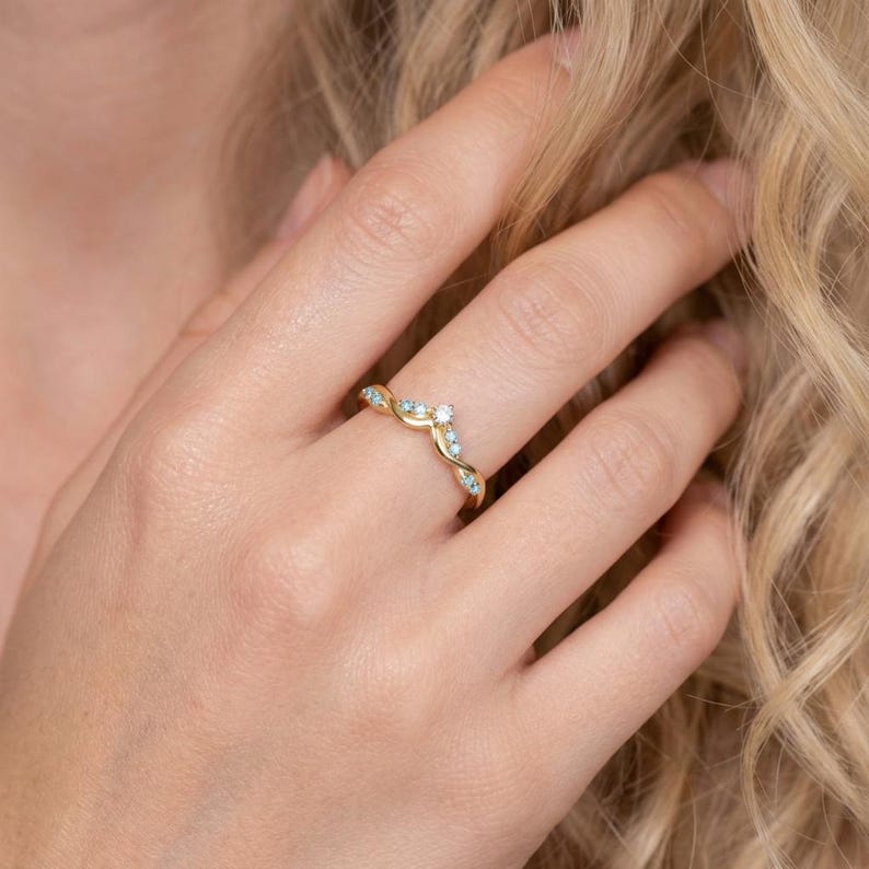 Aquamarine Wedding Band Curved V Shape Ring Light Blue Gemstone Stacking Ring Sterling Silver Vine Twist Chevron March Birthstone Jewelry image 3