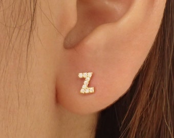 Personalized Letter Earrings, Diamond Initial Stud Earrings in 14K Solid Gold, Mix & Match Studs