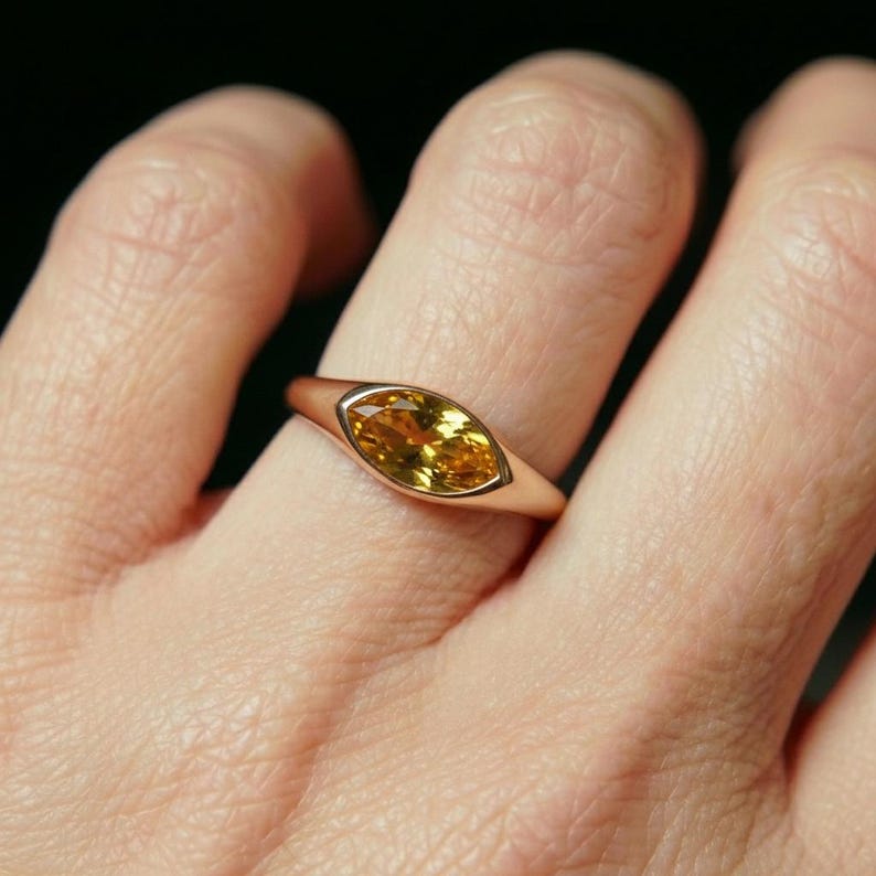 1.5ct Marquise Bezel Citrine Ring, 14K Solid Gold Signet Engagement Ring, Minimalist Pinky Promise Gift, November Birthstone Ring image 3
