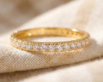 Moissanite Wedding Band, 14k Gold Micro Pave Eternity, Full Eternity Thin Dainty Stacking Band, Bridal Band Gift for Her