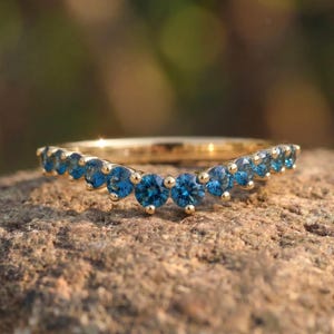 London Blue Topaz Curved Wedding Band | 14K Gold Stacking Ring | Dainty Gemstone Enhancer Anniversary Ring | Unique Wishbone Band image 6