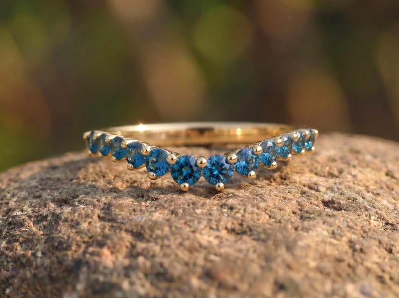 London Blue Topaz Curved Wedding Band | 14K Gold Stacking Ring | Dainty Gemstone Enhancer Anniversary Ring | Unique Wishbone Band image 6