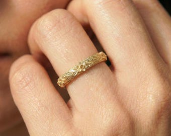 Obrączka ślubna z motywem żonkila, unikatowy pierścionek z czystego złota 10K/14K/18K, obrączka z motywem kwiatów z okazji narodzin w marcu