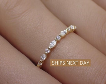 Vintage Diamond Wedding Band, Marquise Cut Half Eternity Stacking Ring, Art Deco Engagement Band, Marquise Ring, Christmas Gift for Her