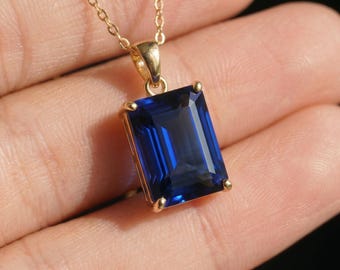 Elegant Emerald Cut Blue Gemstone Gold Necklace | Dainty Sapphire Blue Pendant | Classic Gold Chain Jewelry Gift for Her