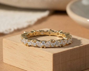 Marquise Diamond Wedding Band, Art Deco Half Eternity Stacking Ring for Women, Dainty Stackable Band