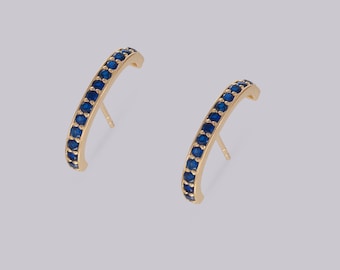 Blue Sapphire Curve Bar Stud Earrings, September Birthstone Gifts, Suspender Cuff Stud Earrings, Dainty Earrings Gift For Women